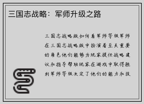 三国志战略：军师升级之路